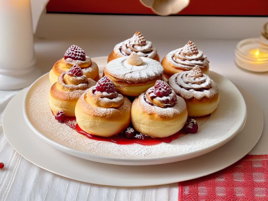  An elegant, minimalistic image of a goldenbrown sufganiyot dusted with powdered sugar, filled with raspberry jam, placed on a sleek white plate against a soft, blurred background of a cozy kitchen setting with subtle hints of Hanukkah decorations like a menorah and dreidels. The lighting is warm and inviting, casting a gentle glow on the perfectly shaped doughnuts, emphasizing their delicious texture and festive allure. hyperrealistic, full body, detailed clothing, highly detailed, cinematic lighting, stunningly beautiful, intricate, sharp focus, f/1. 8, 85mm, (centered image composition), (professionally color graded), ((bright soft diffused light)), volumetric fog, trending on instagram, trending on tumblr, HDR 4K, 8K