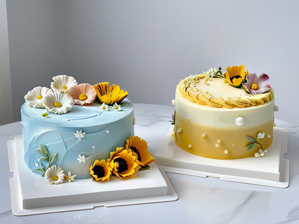  An ultradetailed, 8k image of two beautifully crafted cakes side by side on a sleek, white marble countertop. The cakes are elegantly decorated with intricate floral designs in pastel colors, showcasing the artistry of online pastry certification. The lighting is soft and natural, highlighting the textures and details of the cakes, creating a visually striking and minimalistic composition that conveys quality and craftsmanship in the pastry industry. hyperrealistic, full body, detailed clothing, highly detailed, cinematic lighting, stunningly beautiful, intricate, sharp focus, f/1. 8, 85mm, (centered image composition), (professionally color graded), ((bright soft diffused light)), volumetric fog, trending on instagram, trending on tumblr, HDR 4K, 8K