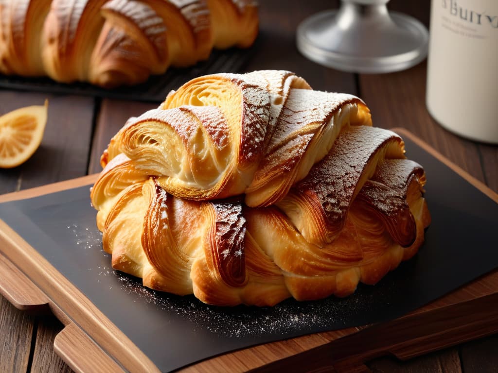  An ultradetailed closeup view of a perfectly crafted, goldenbrown croissant resting on a rustic wooden table. The delicate layers of the pastry glisten in the soft natural light, showcasing its flaky texture and inviting aroma. Each curve and crevice of the croissant is highlighted, evoking a sense of warmth and comfort, while the subtle shadows add depth to the scene. This image captures the essence of artisanal baking and conveys a feeling of indulgence and quality craftsmanship. hyperrealistic, full body, detailed clothing, highly detailed, cinematic lighting, stunningly beautiful, intricate, sharp focus, f/1. 8, 85mm, (centered image composition), (professionally color graded), ((bright soft diffused light)), volumetric fog, trending on instagram, trending on tumblr, HDR 4K, 8K