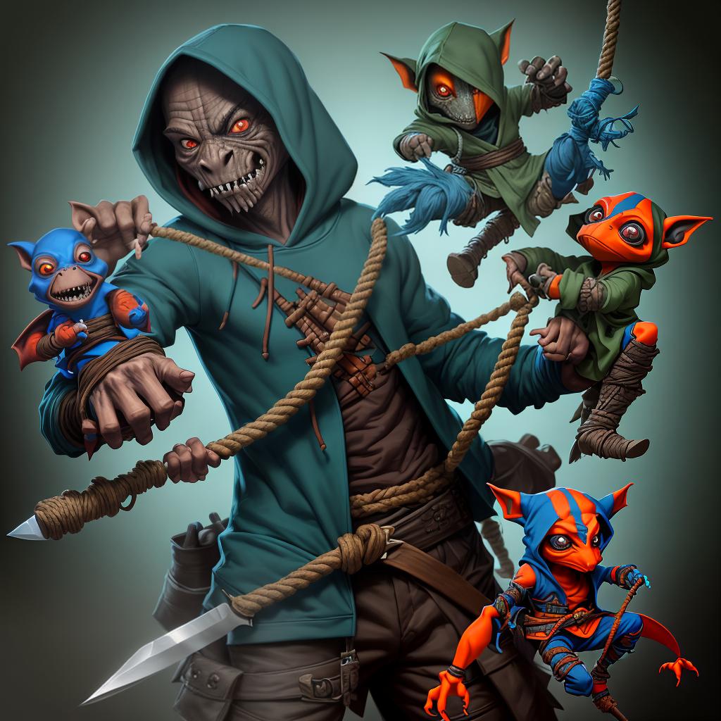  assasin man, holding knife, hide in the hoodie, and have secret weapon on his other handkobolds, hoding drumbbandwooden doll, with rope , red eyes, wear brown hodiethree kobold weaponize with knive in left and right arm orang, green and blue colors