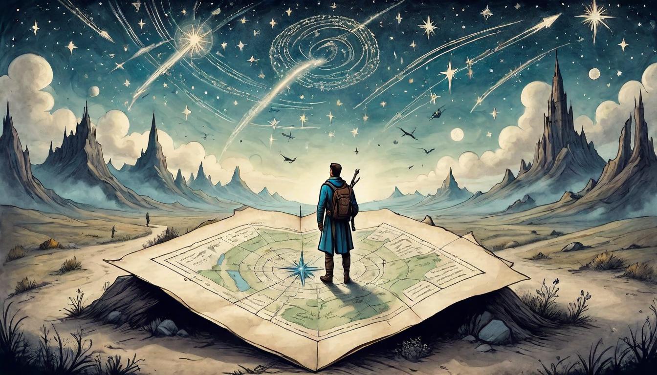  on parchment, surrealism+++, A traveler at a crossroads, map in hand, under a sky filled with shooting stars. Crossroads represent life's choices, map symbolizes search for direction, hopeful gaze, a journey of discovery(mysterious, provocative, symbolic,muted color)+++