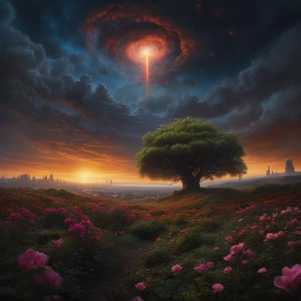  (stylized by Tomasz Alen Kopera:1.3) , dark art, dense flower field and Perseid meteor in background, landscape of a (Barcelona:1.2) , very Bizarre and 1600'S, Hurricane, Glitchcore, Amaro, layered textures, ornate, intricate artistic color, complimentary colors, very inspirational, atmosphere, fine artistic composition, sunny, theatrical hyperrealistic, full body, detailed clothing, highly detailed, cinematic lighting, stunningly beautiful, intricate, sharp focus, f/1. 8, 85mm, (centered image composition), (professionally color graded), ((bright soft diffused light)), volumetric fog, trending on instagram, trending on tumblr, HDR 4K, 8K