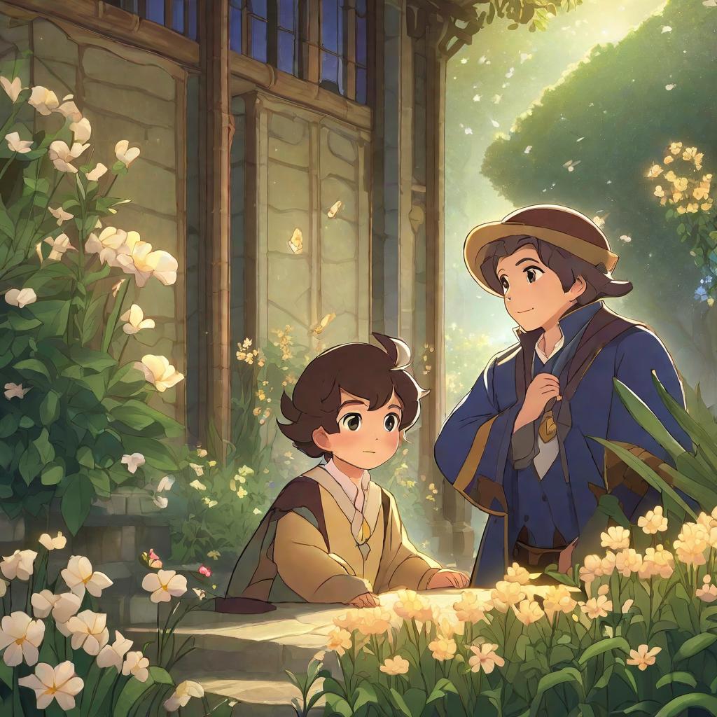  Prompt: In the twilight-lit scene of a lush, gentle valley, two human main characters take the spotlight: King Eye, a young boy with large gles that magnify his eyes, and SingSing, a with rosy cheeks, dressed comfortably, looking weary yet calm. King Eye is squinting and attempting to observe a erfly perched on a nearby flower, his spectacles almost larger than his face. However, his huge gles fail him, rendering all his surroundings too big and detailed to comprehend. SingSing, on the other hand, peacefully lies beneath a large, old tree, looking visibly tired. She has closed her eyes, trying to soothe her exhausted body in the cradle of nature. Around her, one can spot forest creatures like squirrels and bunnie hyperrealistic, full body, detailed clothing, highly detailed, cinematic lighting, stunningly beautiful, intricate, sharp focus, f/1. 8, 85mm, (centered image composition), (professionally color graded), ((bright soft diffused light)), volumetric fog, trending on instagram, trending on tumblr, HDR 4K, 8K