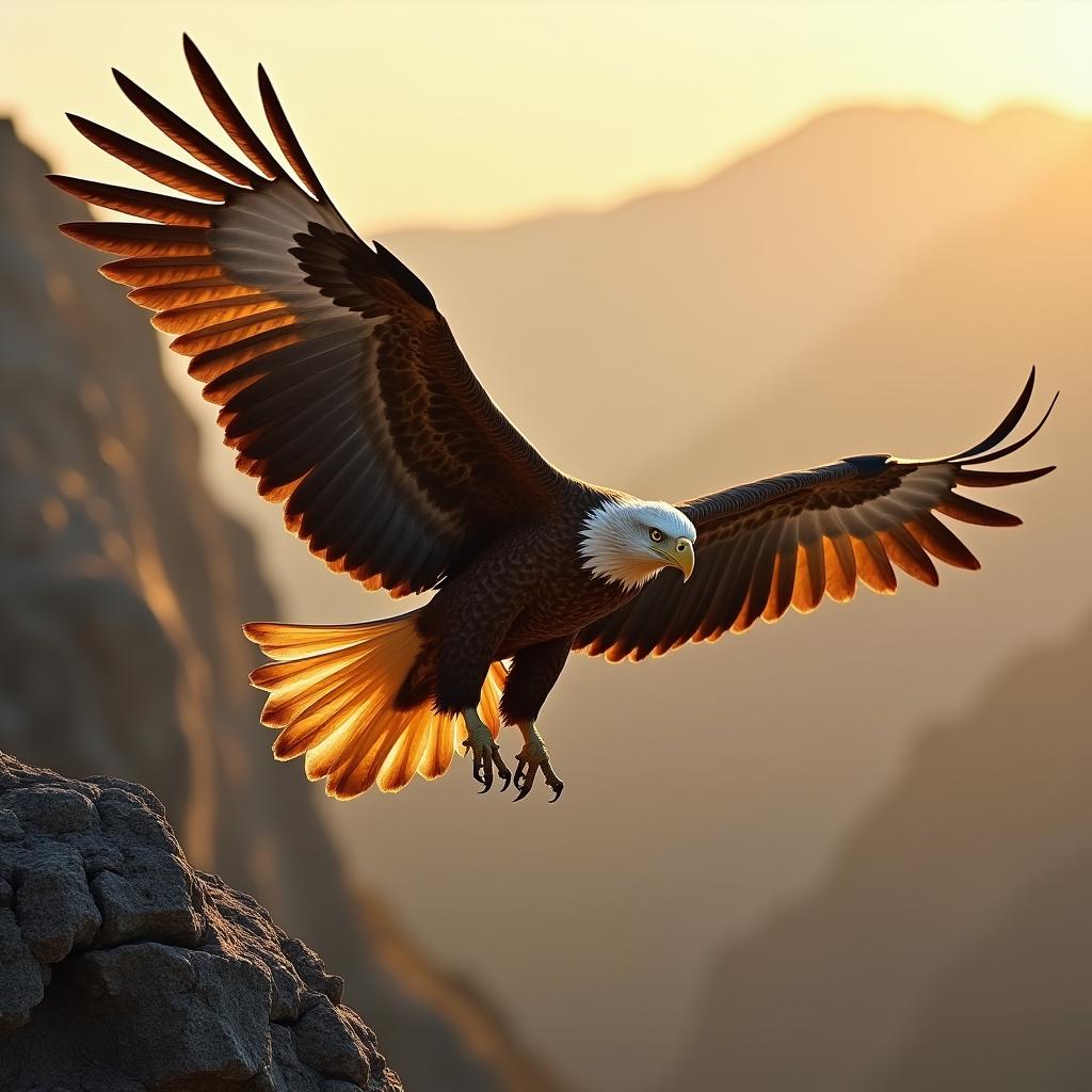  good quality, high quality, a golden eagle dives with precision toward the ground, its powerful wings fully extended. the rugged landscape glimmers in the soft light of dawn, highlighting the bird's fierce beauty and prowess