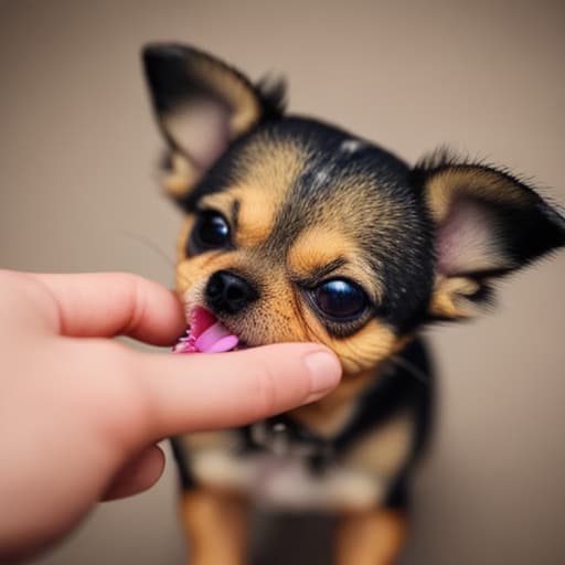  A small dog sticking it’s  in the mouth of a 