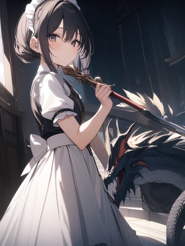  Cute, black hair, maid, dragon, masterpiece, best quality,8k,ultra detailed,high resolution,an extremely delicate and beautiful,hyper detail