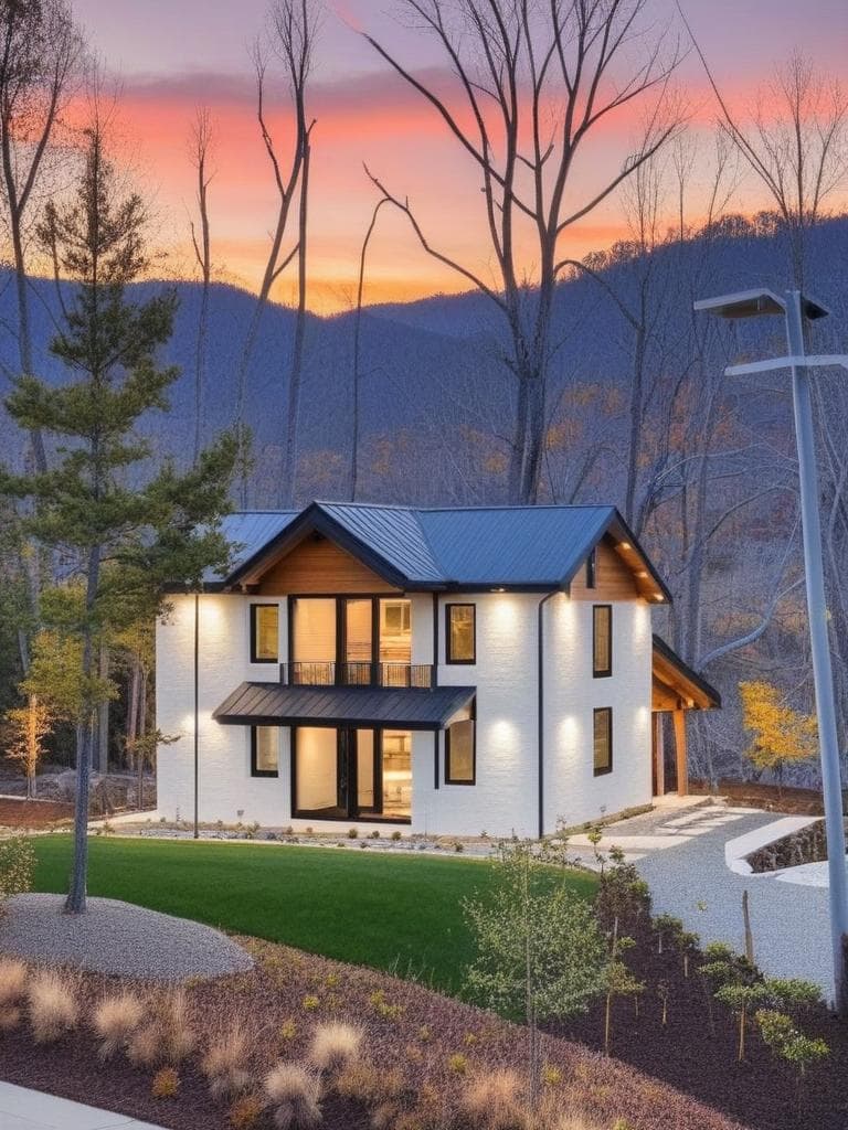 redesign the building exterior in a modern minimalist architectural style, featuring smooth white concrete walls, large glass windows, clean lines, and ambient exterior lighting. replace traditional design elements with sleek, contemporary finishes. keep the perspective and overall structure intact