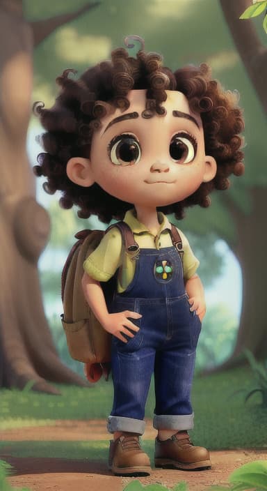  {The tree with a twinkling eye, while its leaves gently rustle., Riley, a curious with big brown eyes and curly hair, wearing overalls and carrying a small backpack. Their friend, Skye, a bluebird with shiny feathers.