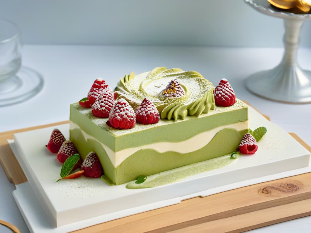  A highresolution image of a beautifully crafted dessert that combines elements from various culinary traditions, such as a matcha tiramisu topped with edible gold flakes, served on a simple, elegant white plate. The dessert is meticulously decorated with delicate swirls of matchainfused cream and garnished with fresh raspberries and mint leaves, showcasing the fusion of flavors and techniques in modern pastry art. The background is softly blurred to emphasize the intricate details of the dessert, creating a visually striking and minimalistic composition that conveys the essence of fusion pastry trends in global cuisine. hyperrealistic, full body, detailed clothing, highly detailed, cinematic lighting, stunningly beautiful, intricate, sharp focus, f/1. 8, 85mm, (centered image composition), (professionally color graded), ((bright soft diffused light)), volumetric fog, trending on instagram, trending on tumblr, HDR 4K, 8K