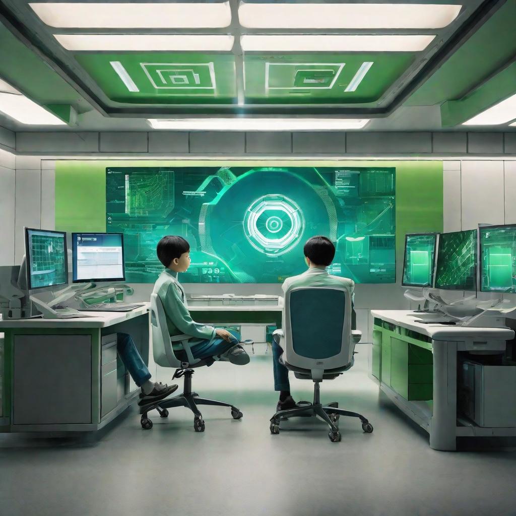  masterpiece, best quality,Design a graphic poster of China Unicom Wopai Background design: using the gradient color of late night blue and technology green, implying the profound technology future. Core image design: showing a young technology innovator in a futuristic laboratory, controlling a robot through the high-speed network provided by China Unicom Wopai. The robot screen shows "Innovation without boundaries".