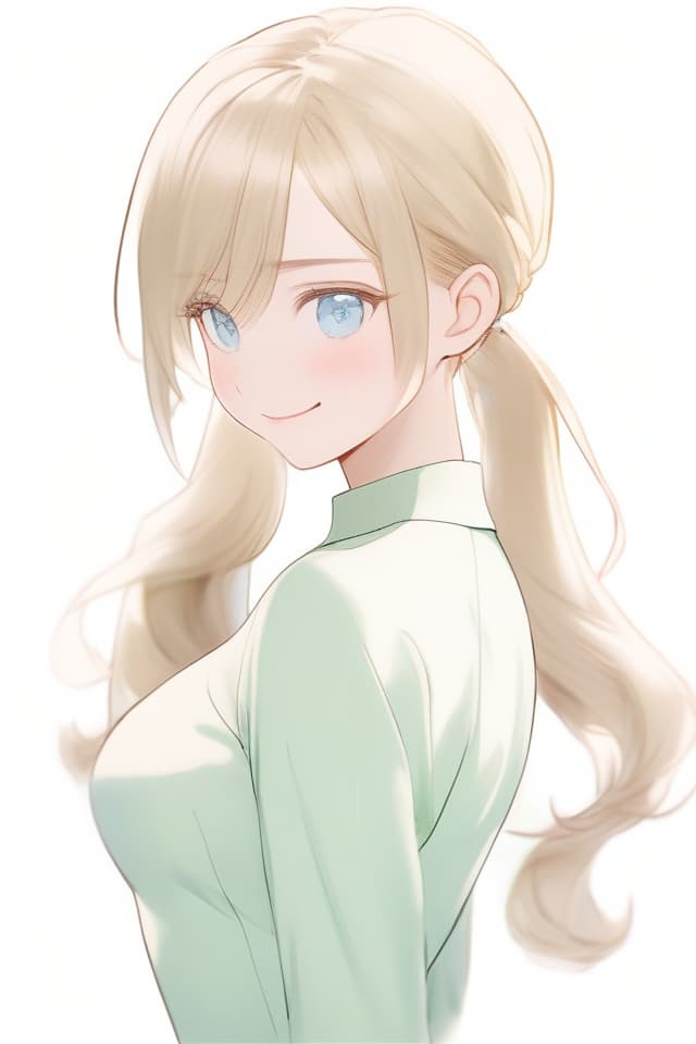  Gentle ilration style,heroine,masterpiece,,beautiful ,glossy straw colored hair,high ponytail,blue eyes,,slender,smiling {(off white )(round collar with scalloped ends)}(pale green flared )(top half up),high quality,8K,16K