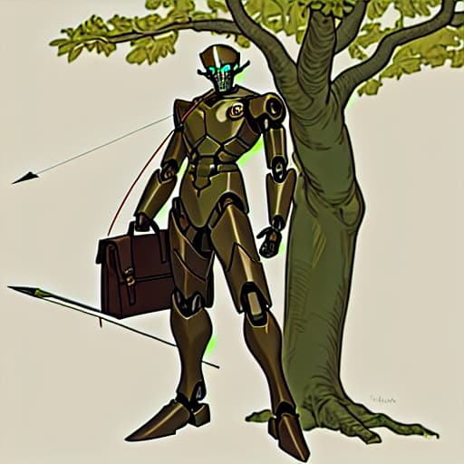  nature warforged his body fully is a tree body robot ranger groom stalker behind him it's a large satchel bag long bow with arrow