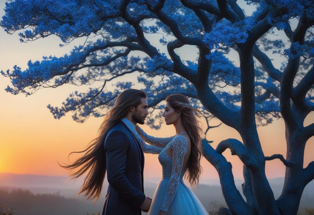  A man and a long haired girl against the backdrop of a brilliant sunset and a bright blue tree. hyperrealistic, full body, detailed clothing, highly detailed, cinematic lighting, stunningly beautiful, intricate, sharp focus, f/1. 8, 85mm, (centered image composition), (professionally color graded), ((bright soft diffused light)), volumetric fog, trending on instagram, trending on tumblr, HDR 4K, 8K