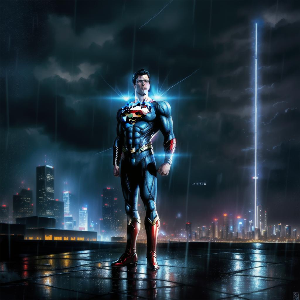  full body superman standing still in a city background. Comic book style, highly detailed, sharp details, award winning, raining, oil painting, cyberpunk, 4K, 8K