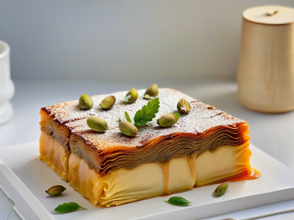  An exquisitely detailed closeup of a traditional Turkish baklava, showcasing layers of flaky pastry, finely chopped pistachios, and a glossy honey glaze, set against a backdrop of intricate Ottomaninspired ceramics and a steaming cup of fragrant Turkish coffee. hyperrealistic, full body, detailed clothing, highly detailed, cinematic lighting, stunningly beautiful, intricate, sharp focus, f/1. 8, 85mm, (centered image composition), (professionally color graded), ((bright soft diffused light)), volumetric fog, trending on instagram, trending on tumblr, HDR 4K, 8K