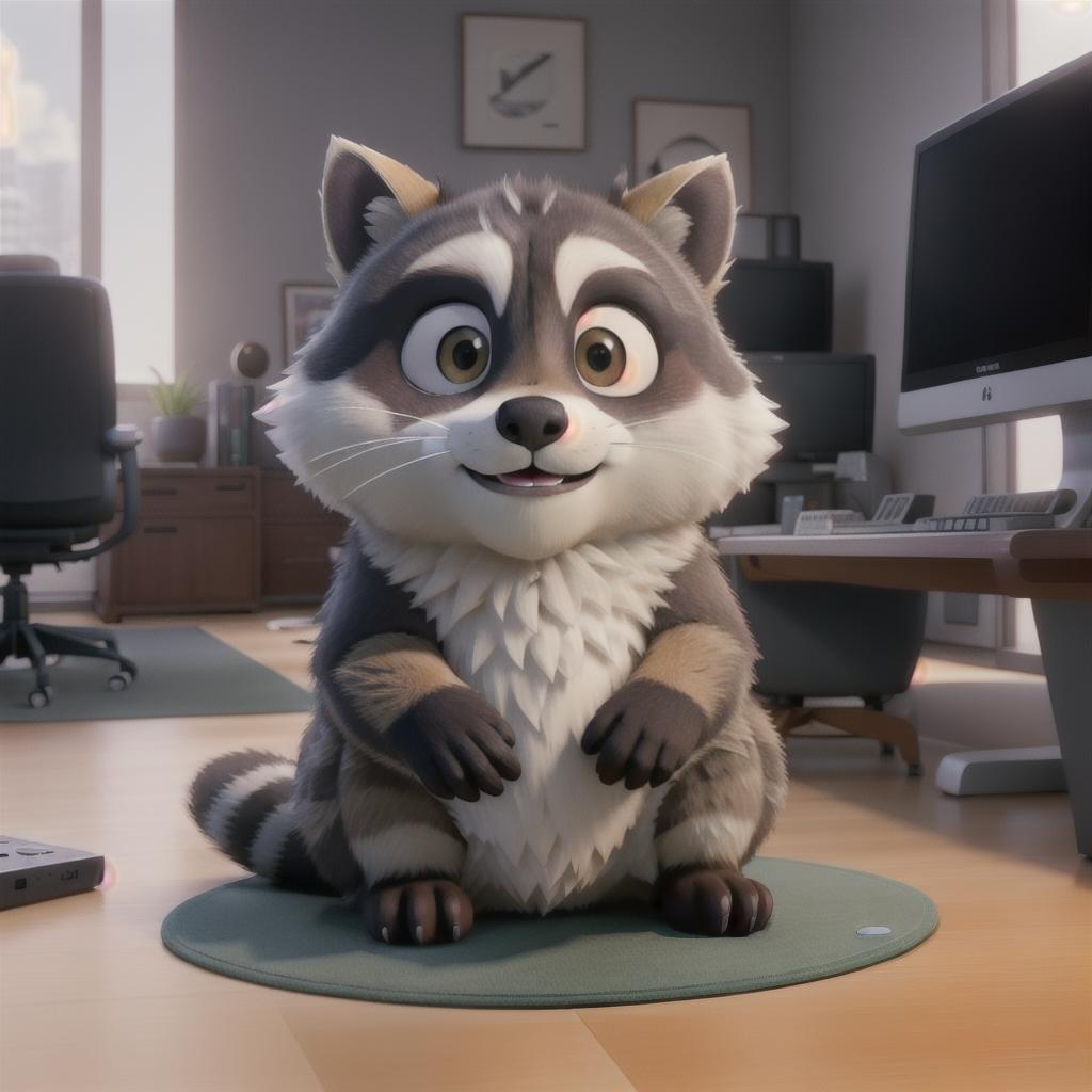  raccoon sitting in gaming chair front a computer on desktop, ((semi anthropomorphic)),(full body), tail, belly, sitting, fat, (chubby), (((white background))), solo, desktop, gaming chair, side view,  [[[clothes]]] hyperrealistic, full body, detailed clothing, highly detailed, cinematic lighting, stunningly beautiful, intricate, sharp focus, f/1. 8, 85mm, (centered image composition), (professionally color graded), ((bright soft diffused light)), volumetric fog, trending on instagram, trending on tumblr, HDR 4K, 8K