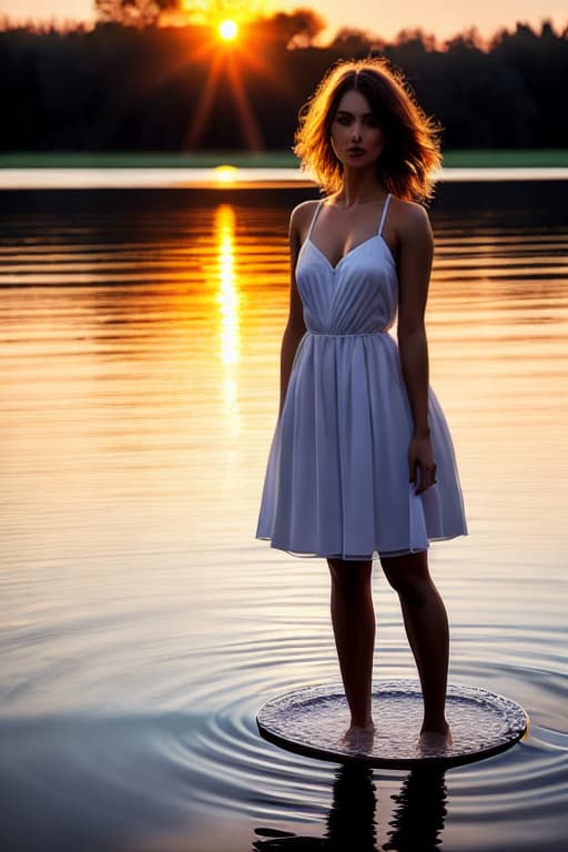 modelshoot style 1 women, outdoors, flawless skin, beautiful body, daytime, shoulder length hair, short length hair, lake, standing in water,, beautiful women,, no clothes,, tall woman, sun set, high detail, masterpiece, high resolution, sunset, full body view, romantic,, young women