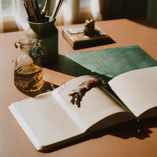 analog style in the alchemist's room. There is a spell book on the table. There are alchemical ingredients on the table. There is a forest outside the window. magical signs are circling over the book