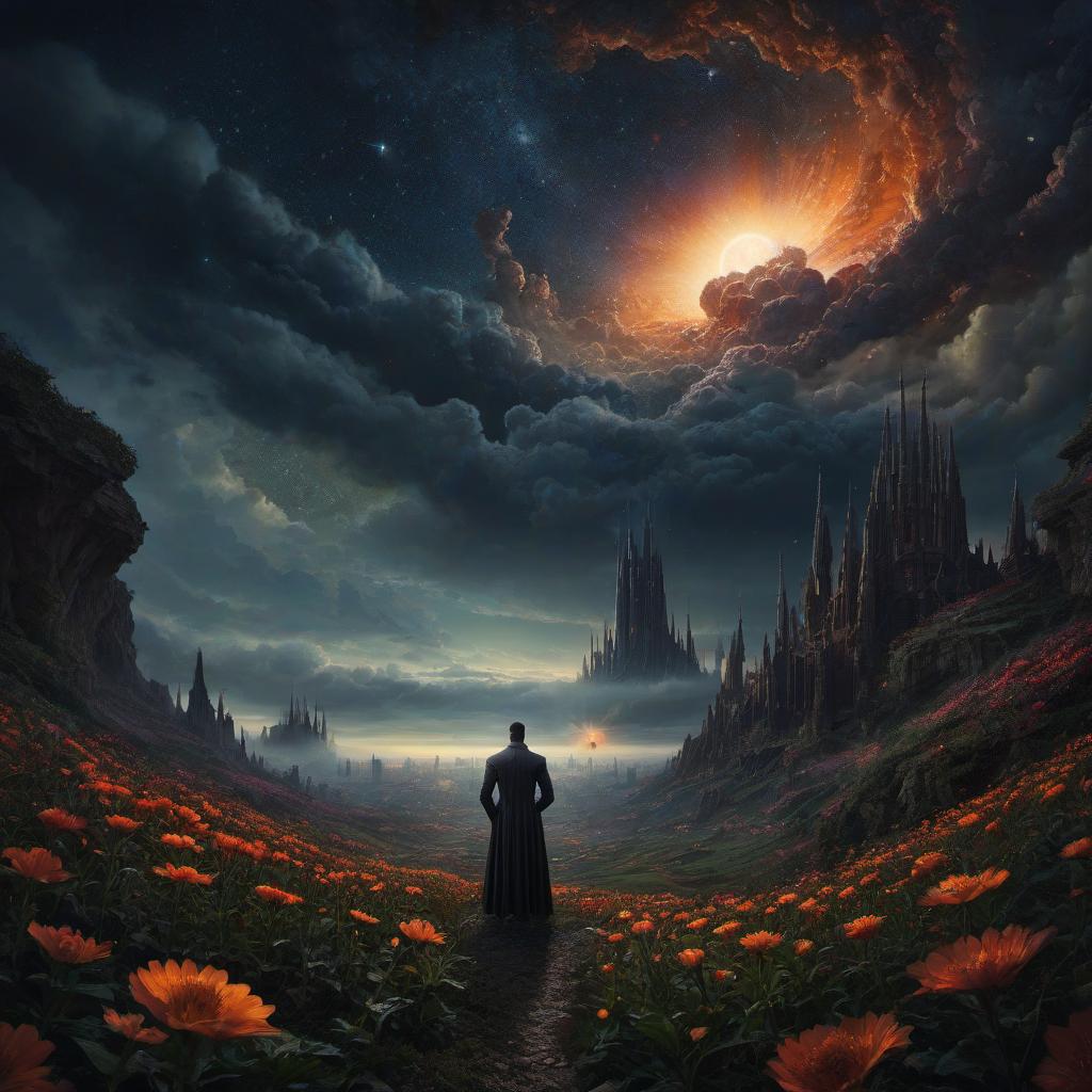  (stylized by Tomasz Alen Kopera:1.3) , dark art, dense flower field and Perseid meteor in background, landscape of a (Barcelona:1.2) , very Bizarre and 1600'S, Hurricane, Glitchcore, Amaro, layered textures, ornate, intricate artistic color, complimentary colors, very inspirational, atmosphere, fine artistic composition, sunny, theatrical hyperrealistic, full body, detailed clothing, highly detailed, cinematic lighting, stunningly beautiful, intricate, sharp focus, f/1. 8, 85mm, (centered image composition), (professionally color graded), ((bright soft diffused light)), volumetric fog, trending on instagram, trending on tumblr, HDR 4K, 8K