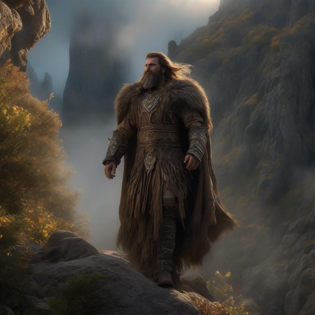  horror themed God of the land, lord of Pgorn, a man with long brown hair flies over cliffs in the rays of the setting sun, a mist of mysticism hangs. . eerie, unsettling, dark, spooky, suspenseful, grim, highly detailed hyperrealistic, full body, detailed clothing, highly detailed, cinematic lighting, stunningly beautiful, intricate, sharp focus, f/1. 8, 85mm, (centered image composition), (professionally color graded), ((bright soft diffused light)), volumetric fog, trending on instagram, trending on tumblr, HDR 4K, 8K