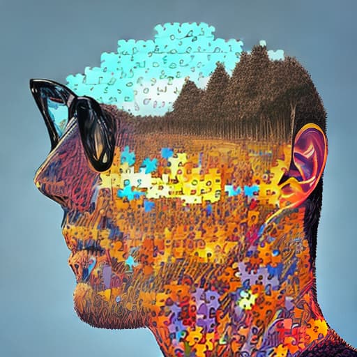 dublex style 3D, man wearing glasses, drawing motion holding pencil on the paper, half colored drawing that looks like puzzle pieces
