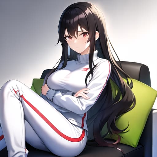  A woman wearing a white tracksuit and long black hair sat on the sofa in the boss room with an expressionless face.