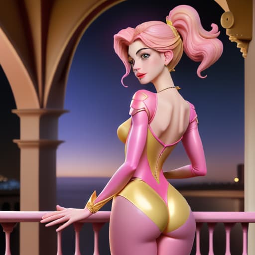  Anne Hathaway as Disney-like with amazing figures in bodytight,glittering,pink-yellow skinny short silk seen from the back showing some , deep over balcony of her palace