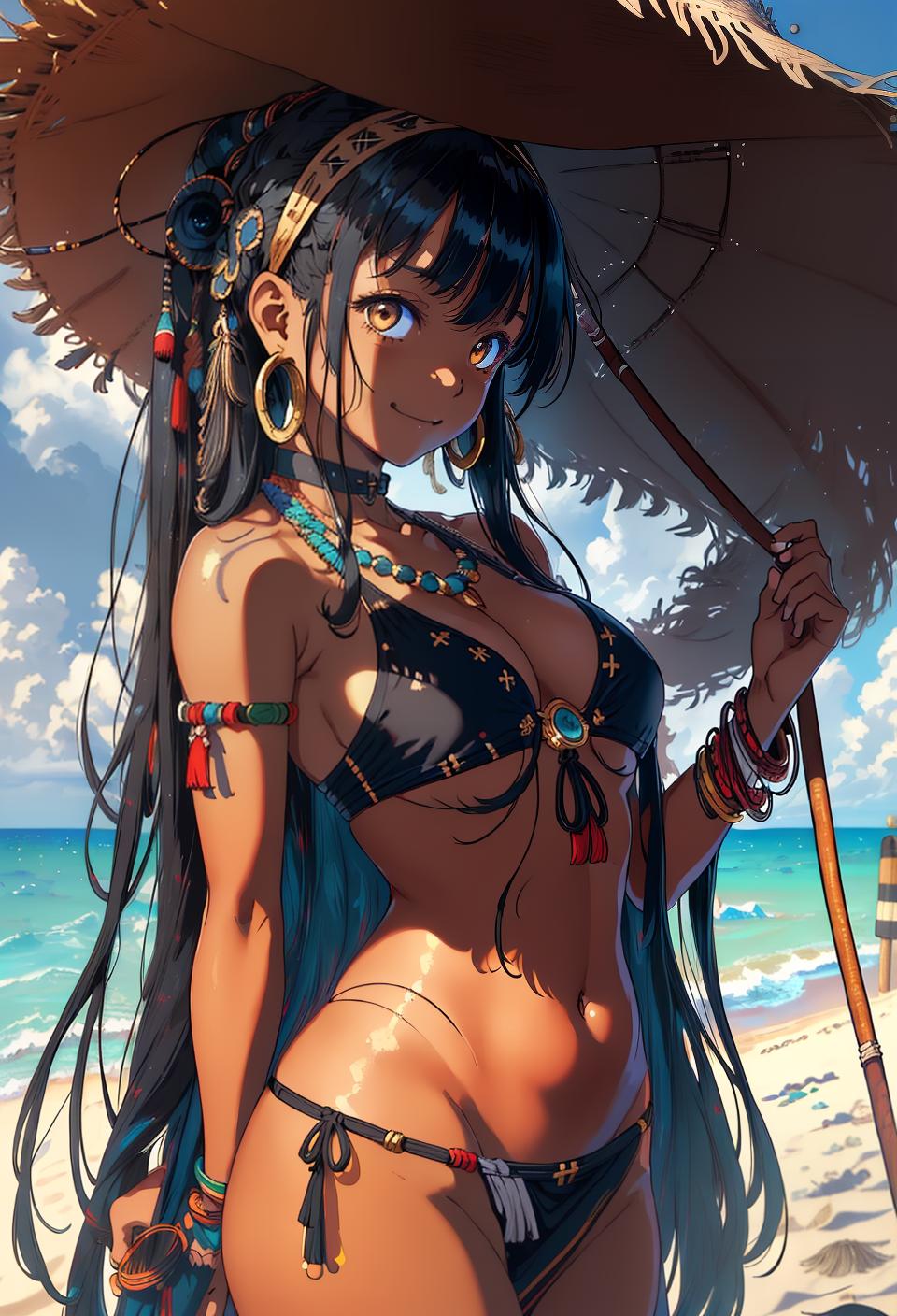  ((trending, highres, masterpiece, cinematic shot)), 1girl, young, female tribal clothes, beach scene, long curly black hair, asymmetrical bangs, large amber eyes, reserved personality, happy expression, dark skin, epic, clever