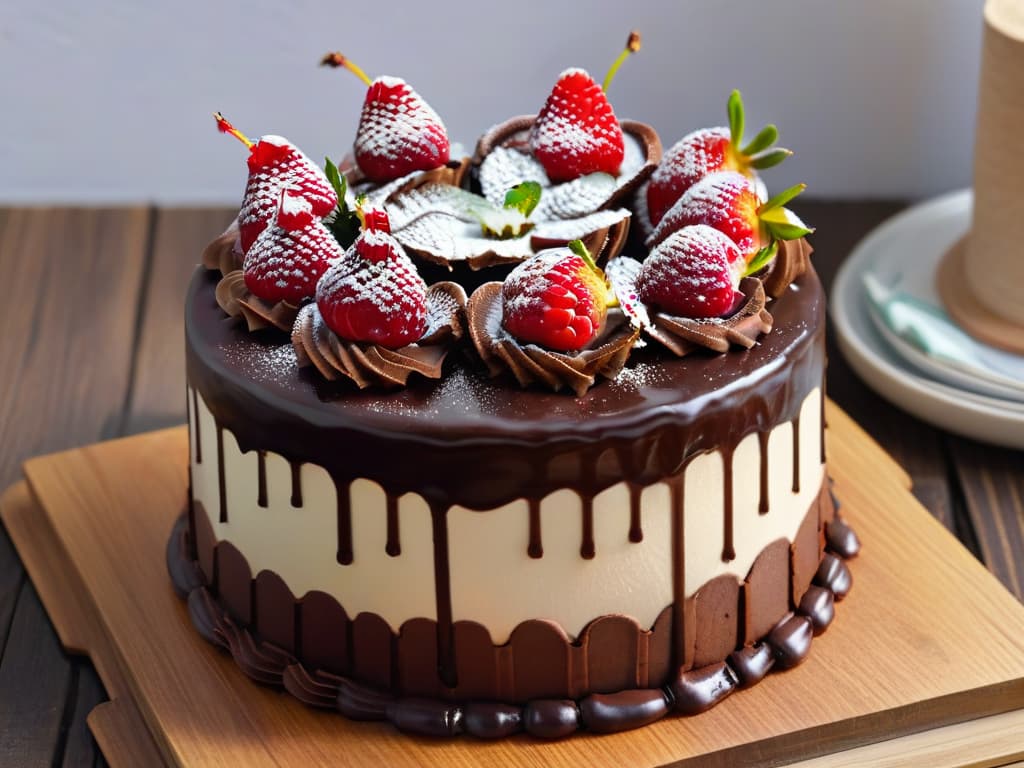  A closeup, ultradetailed image of a vegan triplelayer chocolate cake with smooth, glossy ganache dripping down the sides, topped with fresh raspberries, mint leaves, and edible flowers. The cake rests on a rustic wooden table, with soft natural light illuminating the decadent dessert, showcasing each layer and texture in exquisite detail. hyperrealistic, full body, detailed clothing, highly detailed, cinematic lighting, stunningly beautiful, intricate, sharp focus, f/1. 8, 85mm, (centered image composition), (professionally color graded), ((bright soft diffused light)), volumetric fog, trending on instagram, trending on tumblr, HDR 4K, 8K