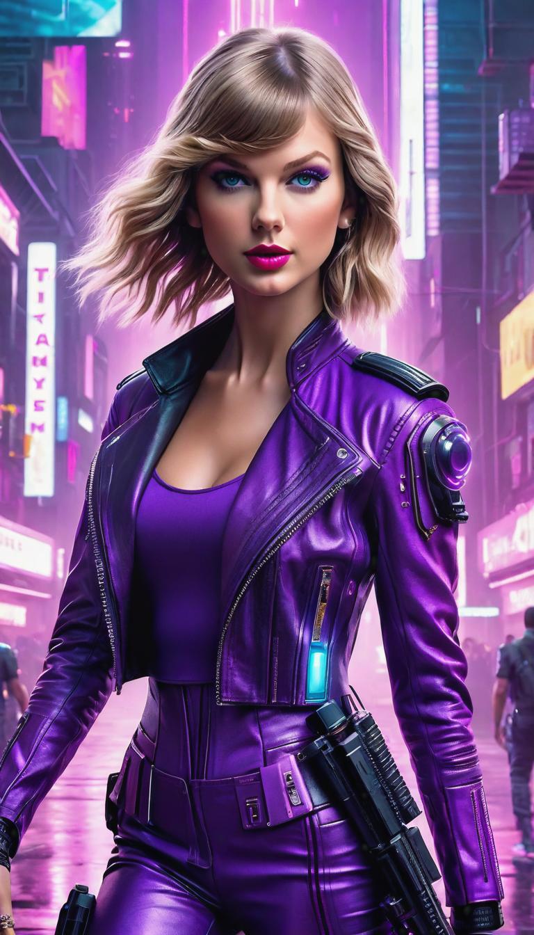  Cyberpunk style depiction of Taylor Swift wearing purple . The scene is set in a world where technology has advanced, but society and human conditions have not, creating a gritty, dystopian atmosphere. hyperrealistic, full body, detailed clothing, highly detailed, cinematic lighting, stunningly beautiful, intricate, sharp focus, f/1. 8, 85mm, (centered image composition), (professionally color graded), ((bright soft diffused light)), volumetric fog, trending on instagram, trending on tumblr, HDR 4K, 8K