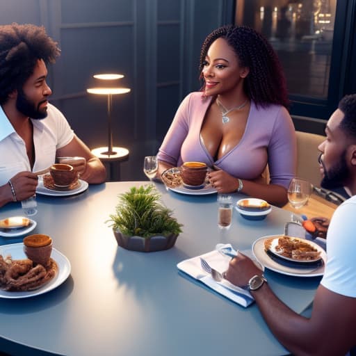  (black people sitting at table having coffee), photorealistic, highly detailed, 4k, high quality hyperrealistic, full body, detailed clothing, highly detailed, cinematic lighting, stunningly beautiful, intricate, sharp focus, f/1. 8, 85mm, (centered image composition), (professionally color graded), ((bright soft diffused light)), volumetric fog, trending on instagram, trending on tumblr, HDR 4K, 8K