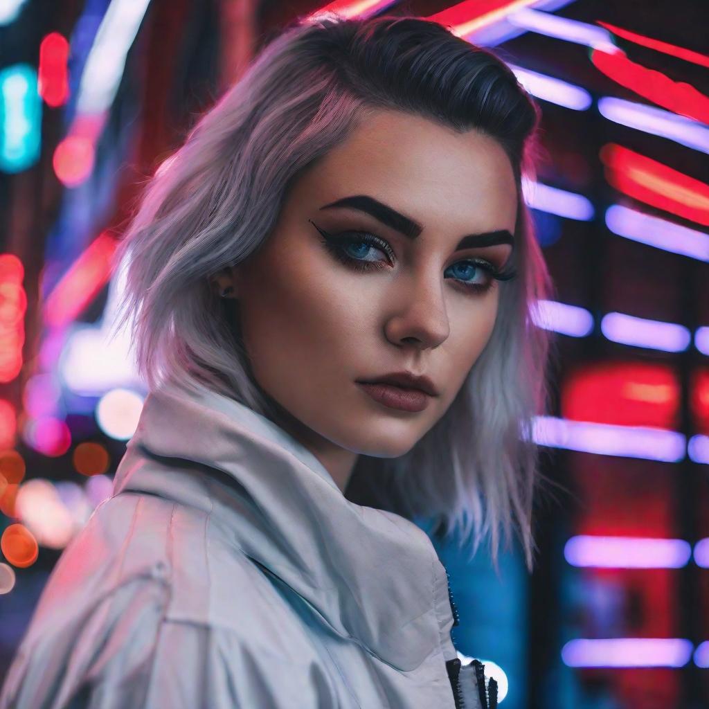  ultra realistic close up portrait ((beautiful pale cyberpunk female with heavy black eyeliner)), blue eyes, shaved side haircut, hyper detail, cinematic lighting, magic neon, dark red city, Canon EOS R3, nikon, f/1.4, ISO 200, 1/160s, 8K, RAW, unedited, symmetrical balance, in frame, 8K hyperrealistic, full body, detailed clothing, highly detailed, cinematic lighting, stunningly beautiful, intricate, sharp focus, f/1. 8, 85mm, (centered image composition), (professionally color graded), ((bright soft diffused light)), volumetric fog, trending on instagram, trending on tumblr, HDR 4K, 8K