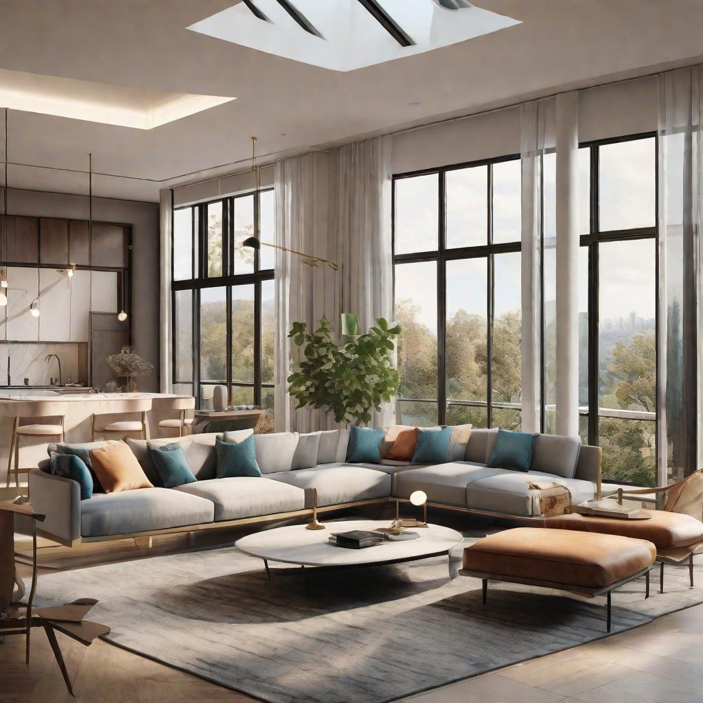  masterpiece, best quality, best quality, masterpiece, 8k resolution, high resolution apartment Living room concept art with floor-to-ceiling windows and modern furniture