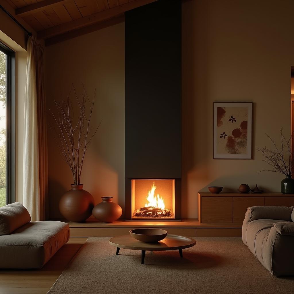  this editorial photography showcases a cozy living room featuring a fireplace, captured in a japanese style emphasizing simplicity, minimalism, and harmony with nature. the dutch angle shot adds a creative perspective, enhanced by the cinestill 800t film grain for a cinematic feel. inspired by ad españa, this scene is lit by night light, highlighting the terra cotta ceramics and abstract expressions decorations. the design, rooted in minimalism with clean lines and a restrained color palette, creates a tranquil and orderly aesthetic.