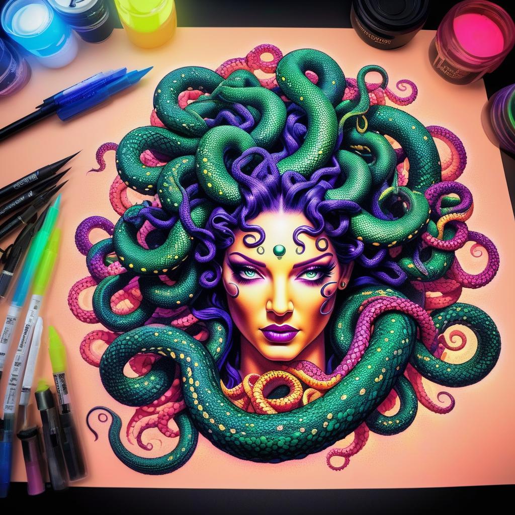  pointillism style Medusa Gorgon tattoo design neon . composed entirely of small, distinct dots of color, vibrant, highly detailed hyperrealistic, full body, detailed clothing, highly detailed, cinematic lighting, stunningly beautiful, intricate, sharp focus, f/1. 8, 85mm, (centered image composition), (professionally color graded), ((bright soft diffused light)), volumetric fog, trending on instagram, trending on tumblr, HDR 4K, 8K