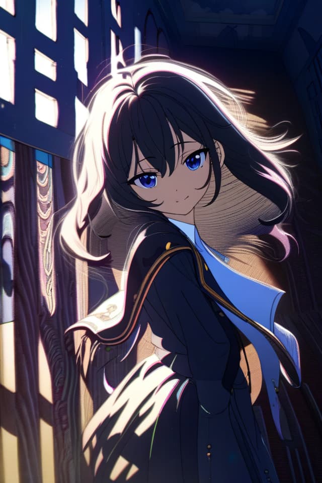  a beautiful black haired girl,long messy hair,beautiful detailed deep blue eyes,cute and beautiful face,shy smile,School uniform,colorful,(masterpiece:1.2),(best quality:1.2),ultra detailed,best shadow,detailed background,high contrast,(best illumination,an extremely delicate and beautiful),((cinematic light)),hyper detail,dramatic light,intricate details,8k,anime,very aesthetic,