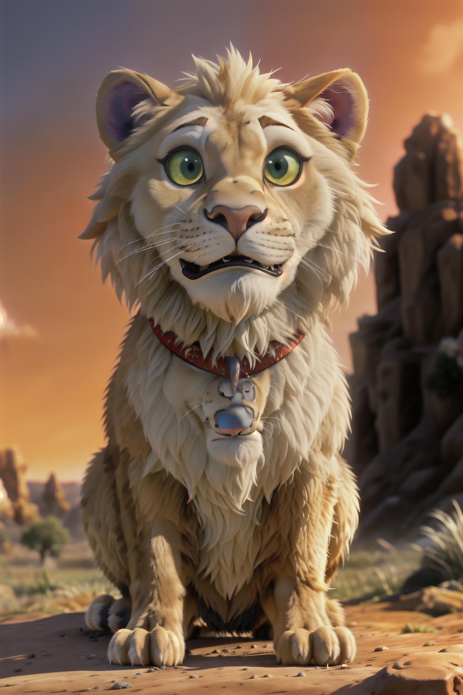  majestic lion, (leader:1.5), (strong physique), (sharp claws and fangs), (displaying power and majesty), (courageous gaze:1.0), (determined eyes), (protector of the pride), (golden fur), (streamlined figure), (typical lion characteristics), (african savannah:1.0), (vast grasslands), (blue sky with white clouds), (sunset with a blood red sky), (scattered african wildlife:0.5), (giraffes:0.5), (zebras:0.5), (protecting territory:1.2), (cub or family members:0.8), (showing protective nature), (tension and opposition:1.0), (hint of danger), (jackals in the distance:0.7), (highlighting courage and bravery) hyperrealistic, full body, detailed clothing, highly detailed, cinematic lighting, stunningly beautiful, intricate, sharp focus, f/1. 8, 85mm, (centered image composition), (professionally color graded), ((bright soft diffused light)), volumetric fog, trending on instagram, trending on tumblr, HDR 4K, 8K