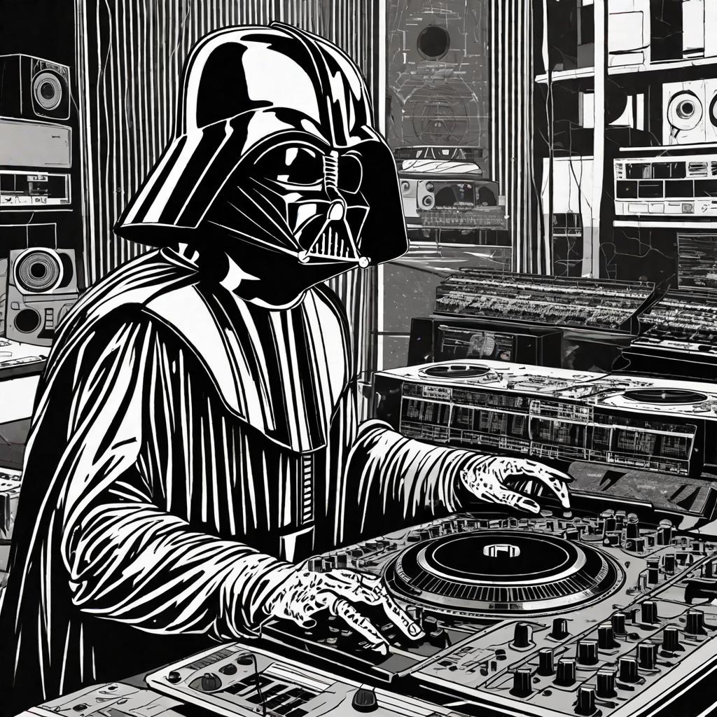  masterpiece, best quality, darth vador djing on set of turntables with the death star in back round, ultra 4k resolution.