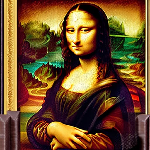  The Mona Lisa holding an open box of fine dark chocolate candy pieces in her hands. Enlarged background. Painted in the style of Leonardo Da Vinci.