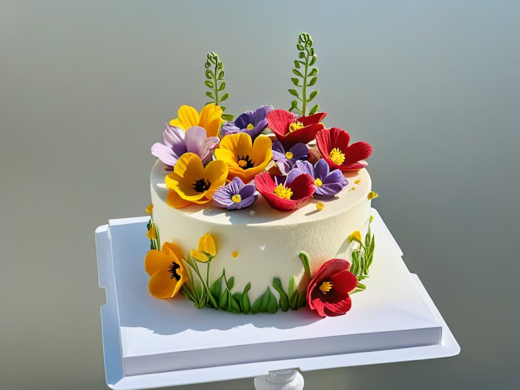  An ultradetailed closeup image of a vibrant array of edible flowers delicately placed on a freshly baked cake, showcasing the intricate details and natural beauty of each petal and stamen. The colors are vivid and the composition is artfully arranged to inspire readers to explore the art of decorating desserts with edible blooms in the springtime. hyperrealistic, full body, detailed clothing, highly detailed, cinematic lighting, stunningly beautiful, intricate, sharp focus, f/1. 8, 85mm, (centered image composition), (professionally color graded), ((bright soft diffused light)), volumetric fog, trending on instagram, trending on tumblr, HDR 4K, 8K