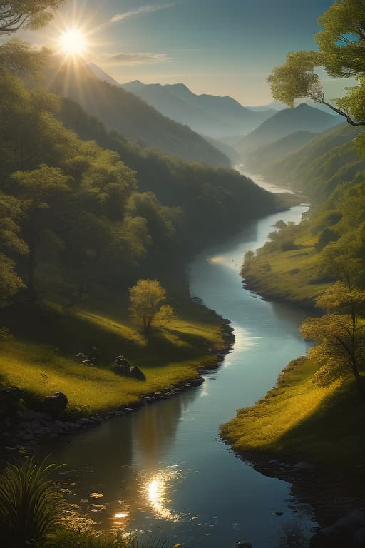  Generate images of a serene river with the sun shining down on a vast valley below. The water shimmers and glistens in the light, while the trees and landscapes of the surrounding valley are rendered in stunning detail. The image should capture the tranquility and beauty of nature.