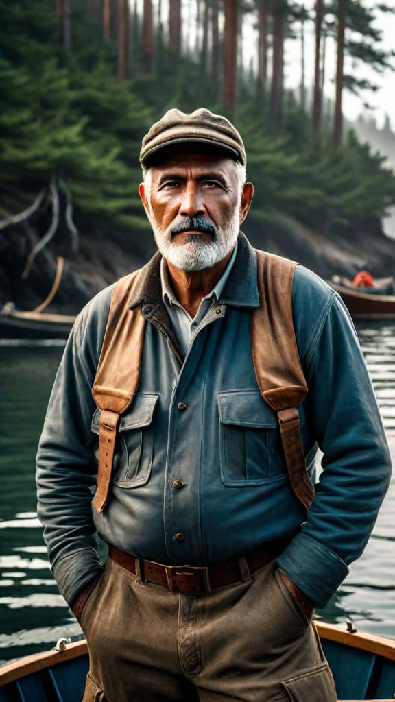  (A weathered, aged fisherman with a rugged, sun kissed face and a lifetime of stories etched into his features, standing in a small, traditional fishing boat on a calm, misty coastal sea, surrounded by ancient, whispering pine trees lining the shore.) hyperrealistic, full body, detailed clothing, highly detailed, cinematic lighting, stunningly beautiful, intricate, sharp focus, f/1. 8, 85mm, (centered image composition), (professionally color graded), ((bright soft diffused light)), volumetric fog, trending on instagram, trending on tumblr, HDR 4K, 8K