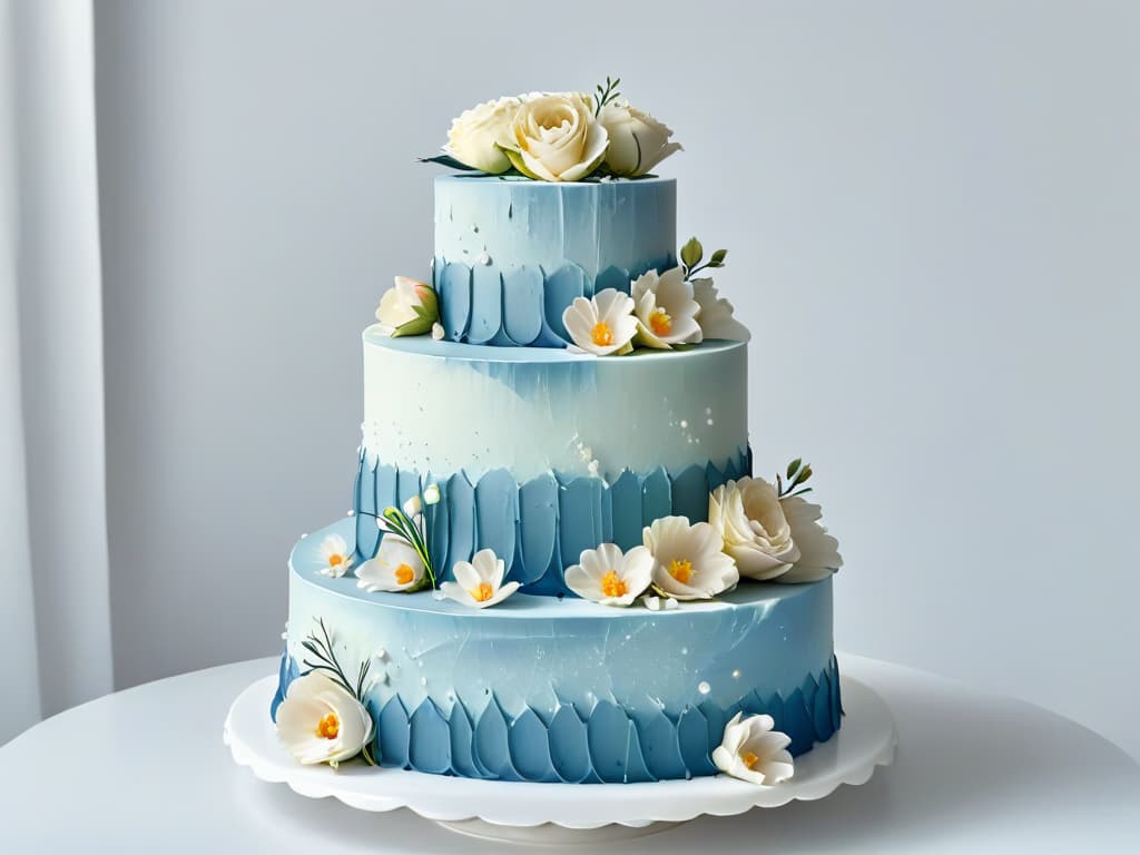  An ultradetailed image of a beautifully crafted traditional tiered wedding cake, adorned with intricate lacelike patterns and delicate sugar flowers in pastel hues. The cake is displayed on a sleek, modern marble cake stand, set against a clean, white background to emphasize the seamless blend of classic elegance and contemporary sophistication. hyperrealistic, full body, detailed clothing, highly detailed, cinematic lighting, stunningly beautiful, intricate, sharp focus, f/1. 8, 85mm, (centered image composition), (professionally color graded), ((bright soft diffused light)), volumetric fog, trending on instagram, trending on tumblr, HDR 4K, 8K