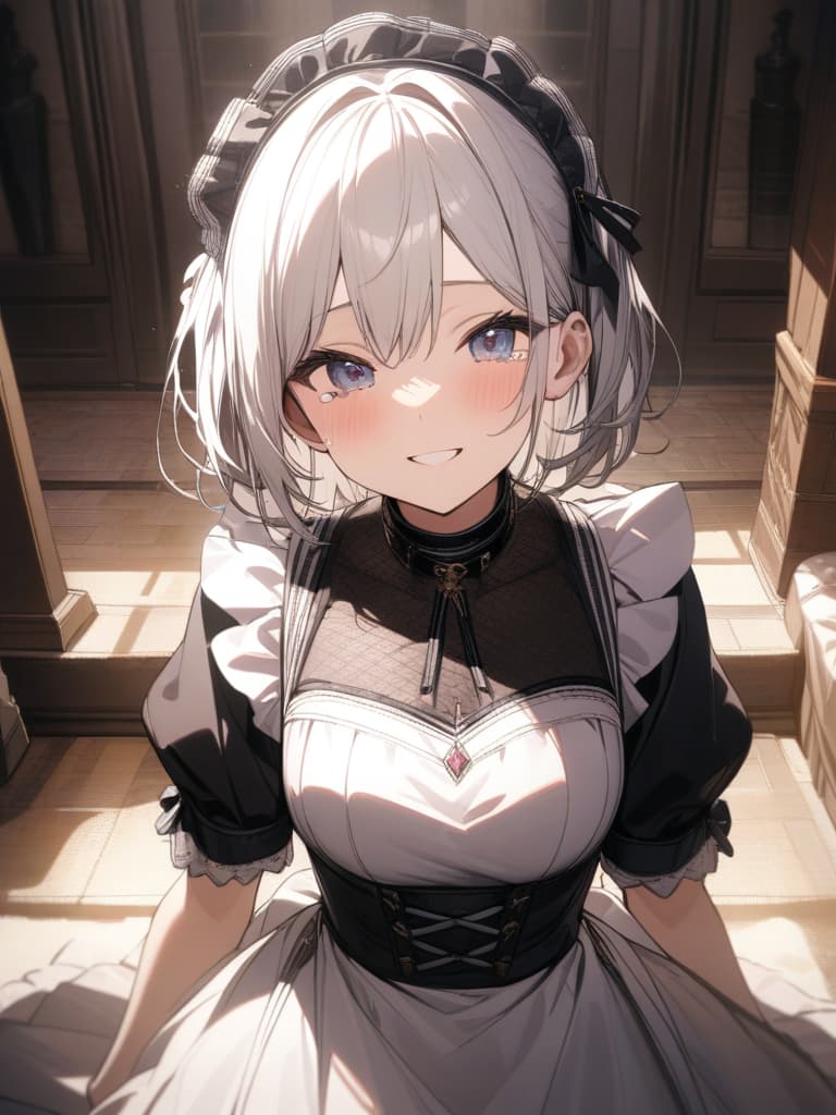  Maid, glasses, party, Happy Smile, collar, dark jail, dark cobblestone room, tears, masterpiece, best quality,8k,ultra detailed,high resolution,an extremely delicate and beautiful,hyper detail