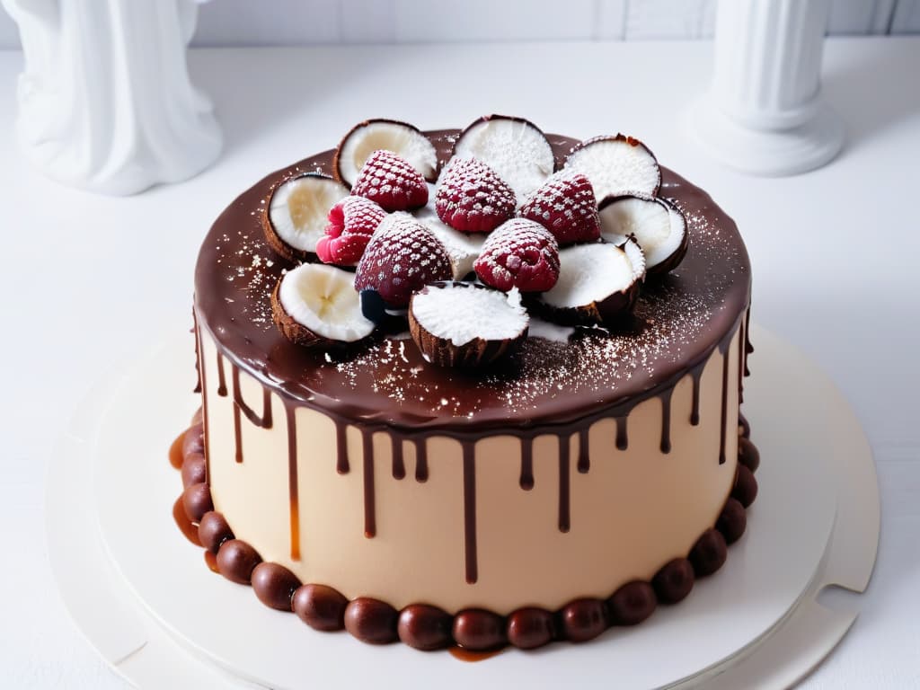  A closeup, ultradetailed image of a decadent chocolate coconut cake with glossy ganache dripping down the sides, topped with toasted coconut flakes and fresh raspberries, set against a stark white background to emphasize the rich textures and vibrant colors of the dessert. hyperrealistic, full body, detailed clothing, highly detailed, cinematic lighting, stunningly beautiful, intricate, sharp focus, f/1. 8, 85mm, (centered image composition), (professionally color graded), ((bright soft diffused light)), volumetric fog, trending on instagram, trending on tumblr, HDR 4K, 8K