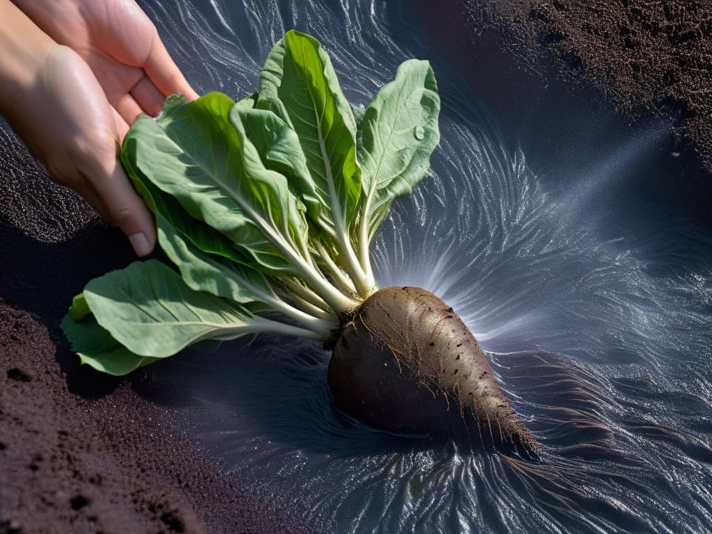  A closeup, minimalist image of a freshly harvested sugar beet being washed under a gentle stream of water, highlighting the earthy textures and vibrant hues of the vegetable. The droplets of water glistening against the rich purple skin, with hints of soil clinging to the roots, exuding a sense of freshness and natural purity. hyperrealistic, full body, detailed clothing, highly detailed, cinematic lighting, stunningly beautiful, intricate, sharp focus, f/1. 8, 85mm, (centered image composition), (professionally color graded), ((bright soft diffused light)), volumetric fog, trending on instagram, trending on tumblr, HDR 4K, 8K