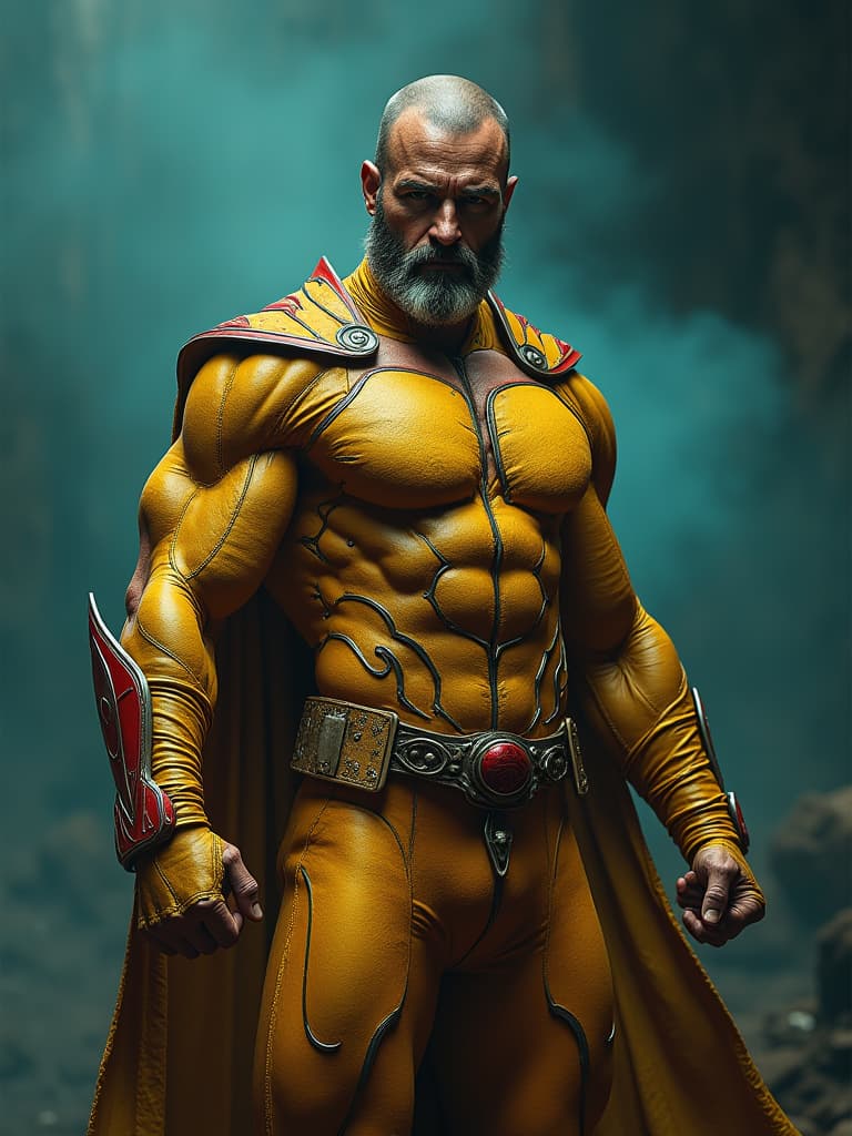  an image of a man dressed like a superhero with his fists and arm, in the style of chicano art, dark yellow and turquoise, red and bronze, bold posters, rangercore, argus c3, the blue rider hyperrealistic, full body, detailed clothing, highly detailed, cinematic lighting, stunningly beautiful, intricate, sharp focus, f/1. 8, 85mm, (centered image composition), (professionally color graded), ((bright soft diffused light)), volumetric fog, trending on instagram, trending on tumblr, HDR 4K, 8K