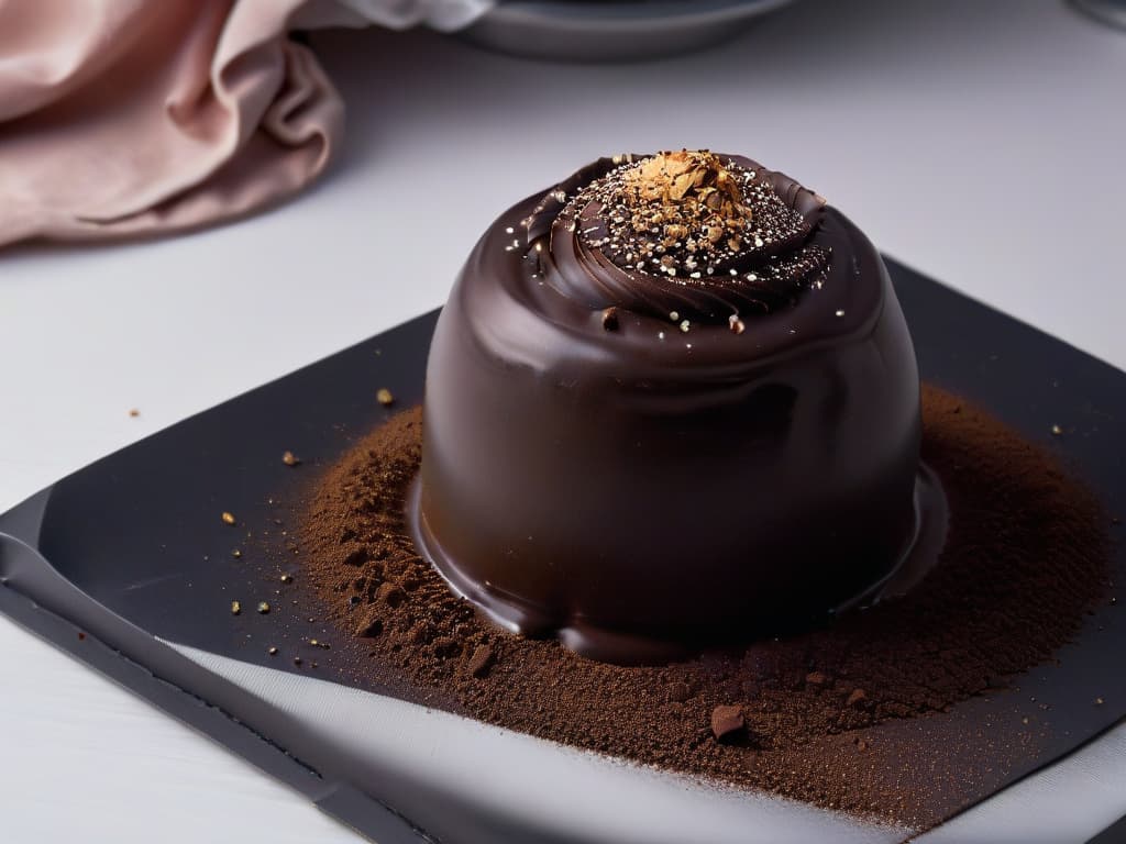  A closeup, ultradetailed image of a single perfect chocolate truffle, coated in a thin layer of glossy, dark chocolate ganache. The truffle is delicately placed on a sleek, matte black plate, with a few scattered cocoa powder sprinkles surrounding it. The lighting is soft and focused, enhancing the rich texture and shine of the chocolate. hyperrealistic, full body, detailed clothing, highly detailed, cinematic lighting, stunningly beautiful, intricate, sharp focus, f/1. 8, 85mm, (centered image composition), (professionally color graded), ((bright soft diffused light)), volumetric fog, trending on instagram, trending on tumblr, HDR 4K, 8K