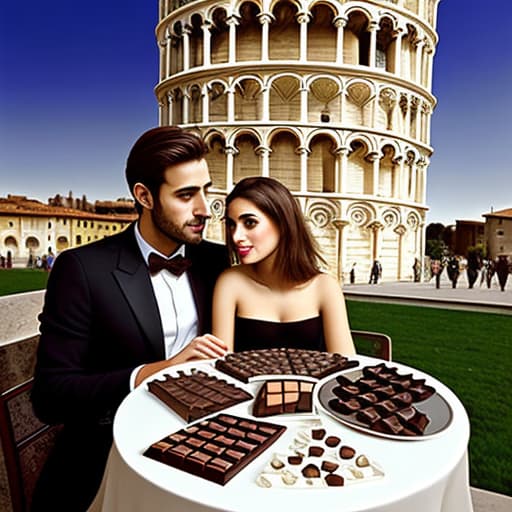  Attractive Beautiful young modern Italian couple dressed in modern designer attire looking. Foreground plates of fine dark chocolates on a table. Background leaning tower of Pisa. Painting style of Edgar Degas