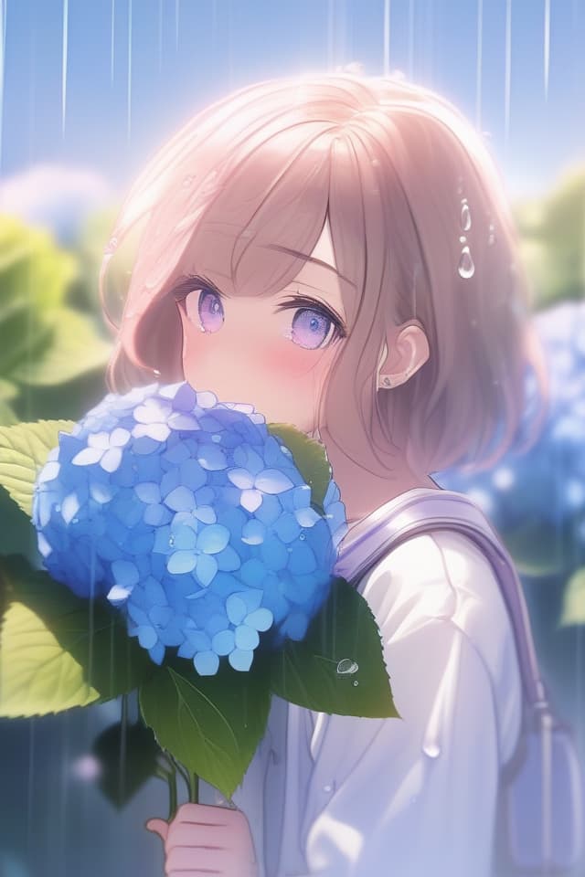  The profile of a beautiful girl, Hydrangea, (Many Hydrangeas) Masterpiece, Beautiful Girl, After Rain, Rainbow, Sunlight, High Quality, 8k